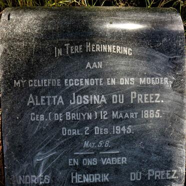 PREEZ Andries Hendrik, du 1878-1961 &amp; Aletta Josina DE BRUYN 1885-1945