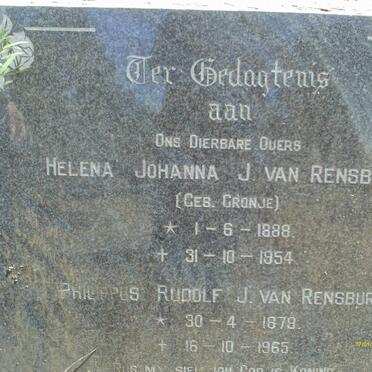 RENSBURG Philippus Rudolf, J van 1878-1965 &amp; Helena Johanna CRONJE 1888-1954