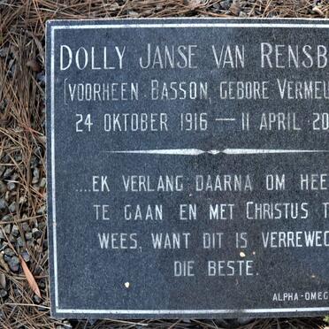 RENSBURG Dolly, Janse van voorheen BASSON nee VERMEULEN 1916-2006
