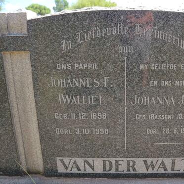 WALT Johannes F., van der 1896-1958 &amp; Johanna Josina BASSON 1900-1945