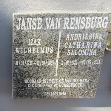 RENSBURG Izak Wilhelmus, Janse van 1929-2009 &amp; Andriesina Catharina Salomina 1932-2013