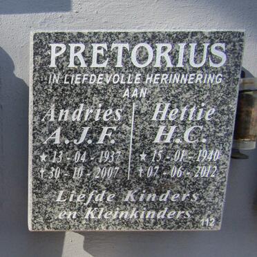 PRETORIUS Andries J.F. 1937-2007 &amp; H.C. 1940-2012