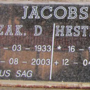 JACOBS Izak D. 1933-2003 &amp; Hester M.J. 1935-2007