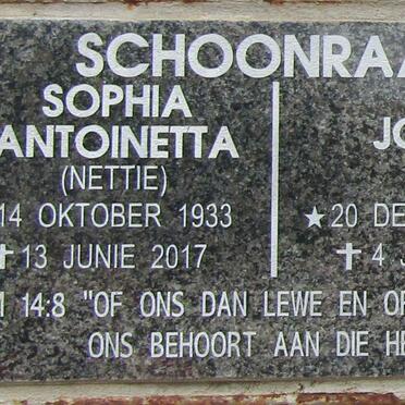 SCHOONRAAD Johan 1930-2019 &amp; Sophia Antoinetta 1933-2017