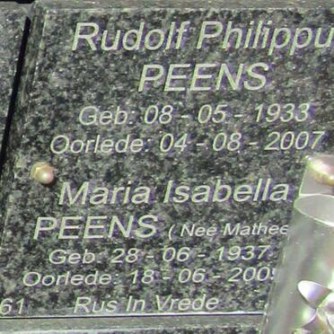 PEENS Rudolf Philippus 1933-2007 & Maria Isabella MATTHEE 1937-2009 