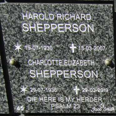 SHEPPERSON Harold Richard 1930-2007 &amp; Charlotte Elizabeth 1936-2019