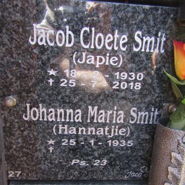 SMIT Jacob Cloete Smit 1930-2018 &amp; Johanna Maria 1935 -