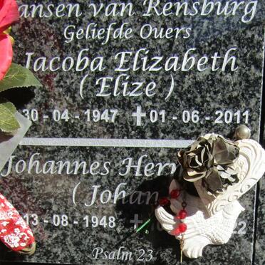 RENSBURG Johannes H?, Jansen van 1948-2022 &amp; Jacoba Elizabeth 1947-2011