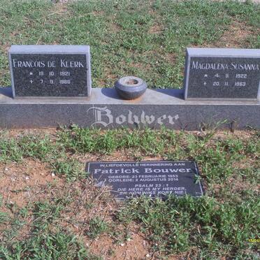 BOUWER Francois De Klerk 1921-1986 &amp; Magdalena Susanna 1922-1963 :: BOUWER Patrick 1953-2014