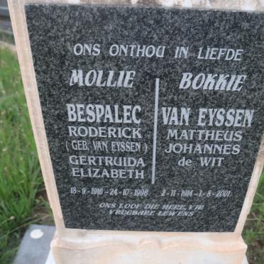 EYSSEN Mattheus Johannes de Wit, van 1914-2001 :: RODERICK Gertruida Elizabeth, BESPALEC nee VAN EYSSEN 1916-1996