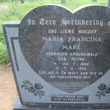 MARE Maria Francina voorheen GROENEWALD nee HEYNS 1888-1978