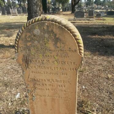 NIEKERK Susanna M.M., van nee V.D. MERWE 1844-1915 :: BITZER Martha W.B. 1904-1918