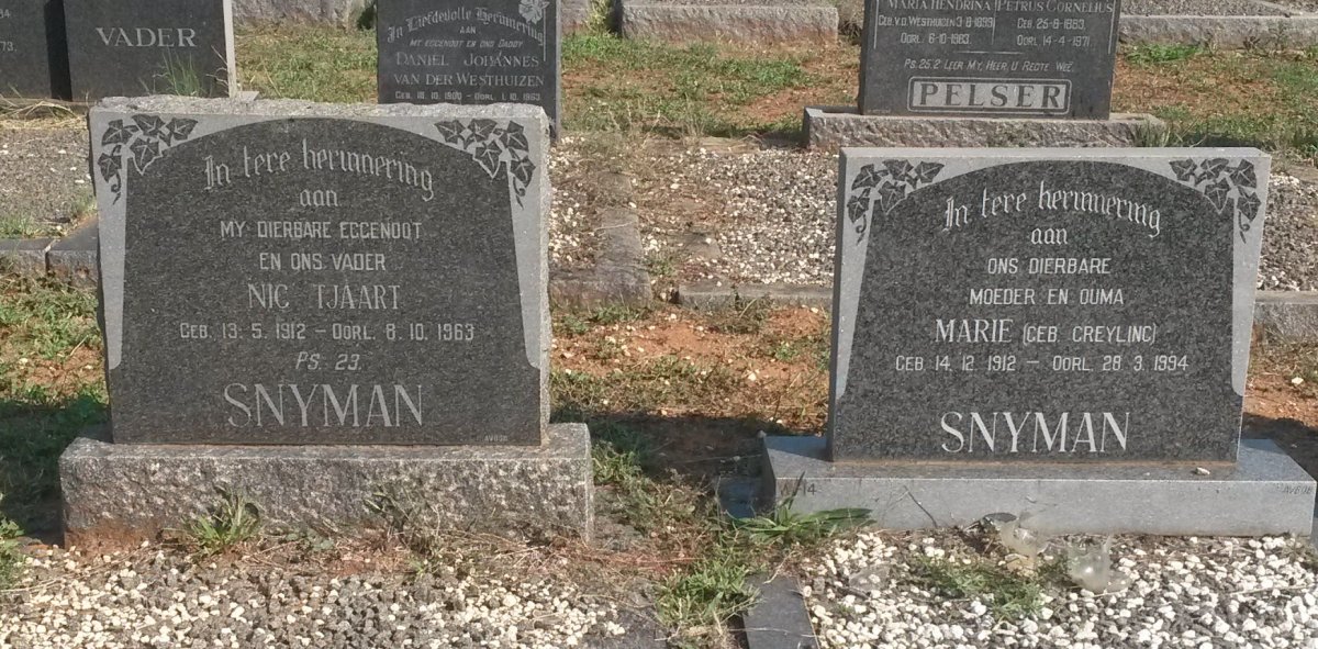 SNYMAN Nic Tjaart 1912-1963 &amp; Marie GREYLING 1912-1994
