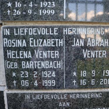 VENTER Jan Abraham 1916-2005 &amp; Rosina Elizabeth Helena BARTENBACH 1924-1999