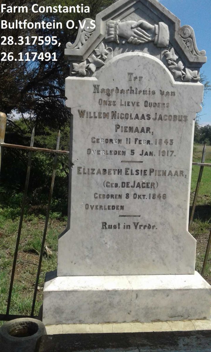 PIENAAR Willem Nicolaas Jacobus 1843-1917 &amp; Elizabeth Elsie DE JAGER 1846-