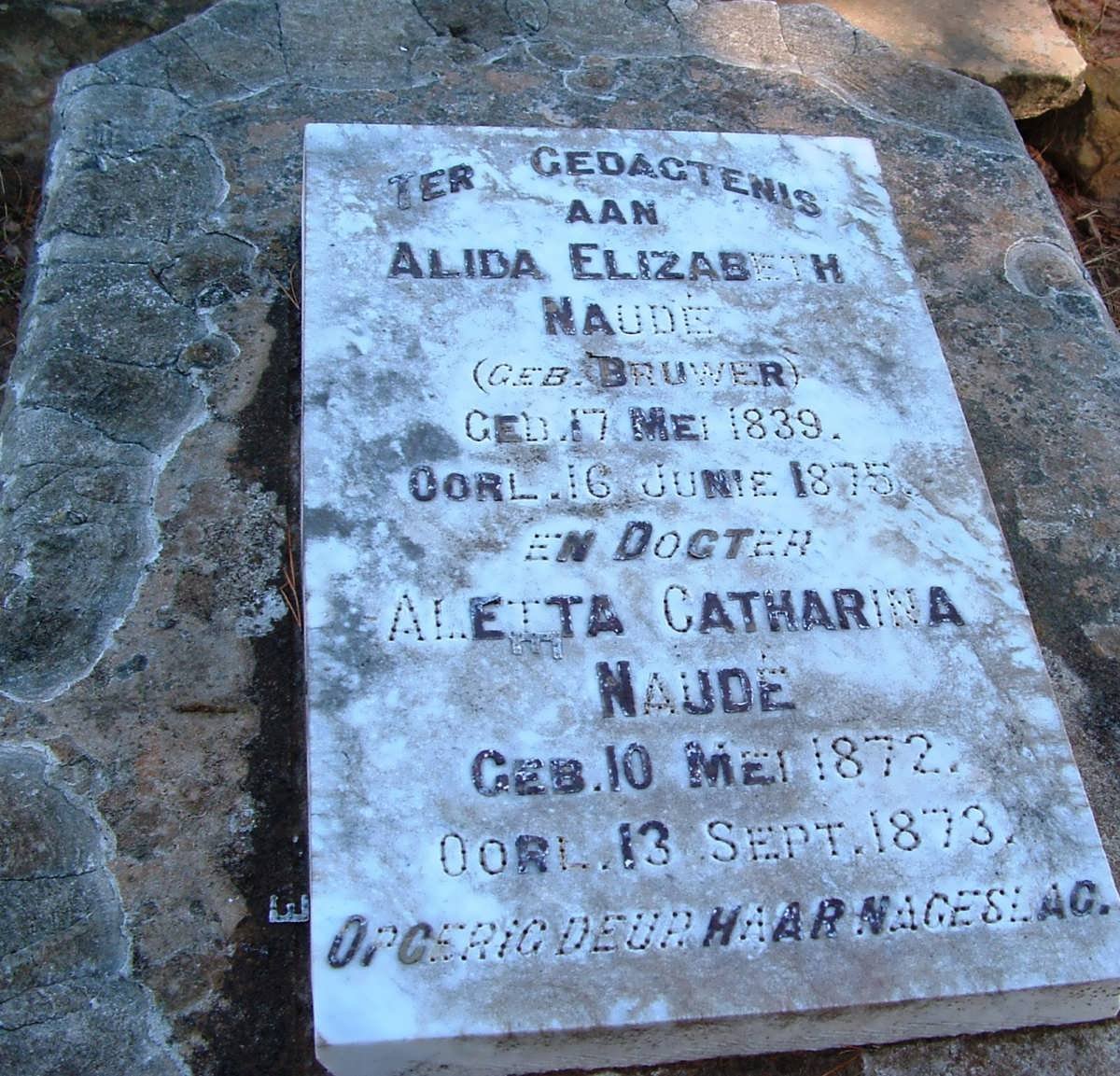 NAUDE Alida Elizabeth nee BRUWER 1839-1875 :: NAUDE Aletta Catharina 1872-1873