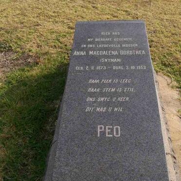 PEO Anna Magdalena Dorothea nee SNYMAN 1873-1953