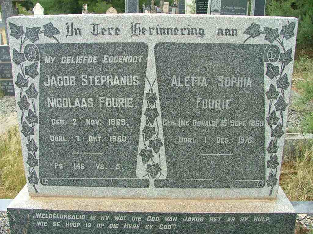 FOURIE Jacob Stephanus Nicolaas 1869-1950 &amp; Aletta Sophia McDONALD 1869-1976