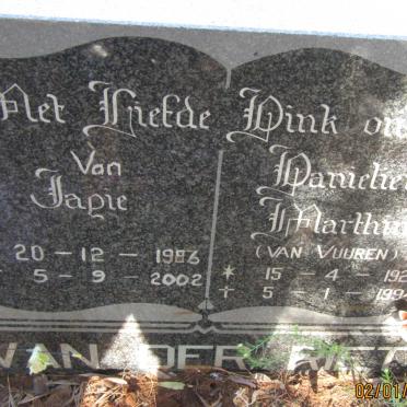 RIET Danieliena Marthina, van der nee VAN VUUREN 1927-1994 :: VAN DER RIET Japie 1986-2002