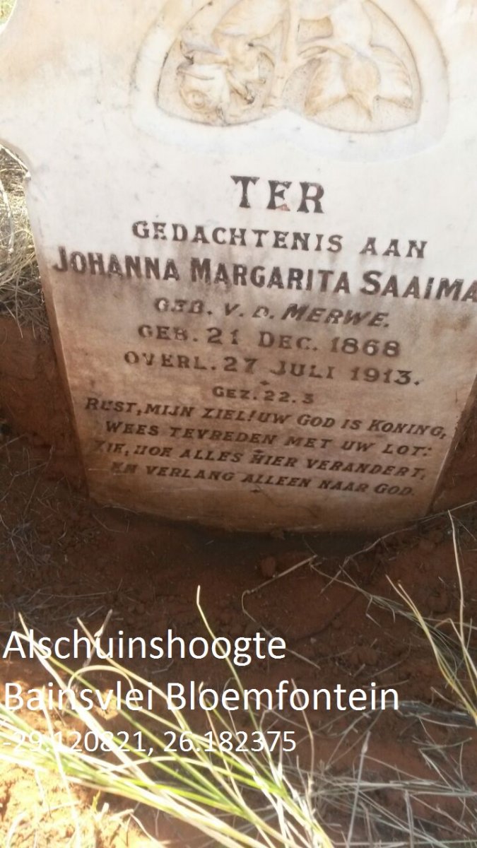 SAAIMAN Johanna Margarita nee V.D. MERWE 1868-1913