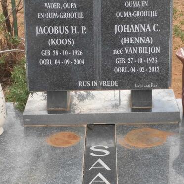 SAAIMAN Jacobus H.P. 1926-2004 &amp; Johanna C. VAN BILJON 1923-2012