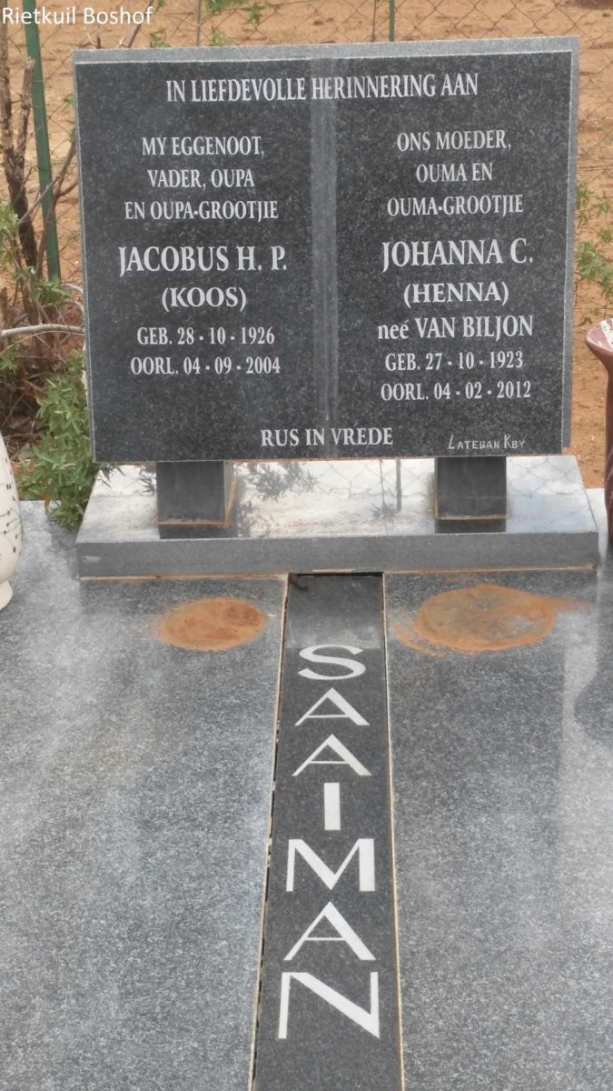 SAAIMAN Jacobus H.P. 1926-2004 &amp; Johanna C. VAN BILJON 1923-2012