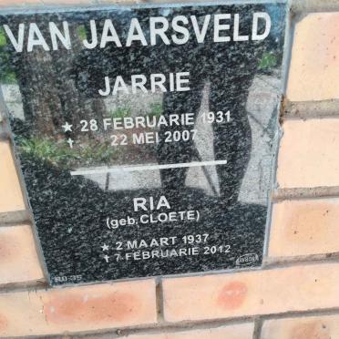 JAARSVELD Jarrie, van 1931-2007 &amp; Ria CLOETE 1937-2012