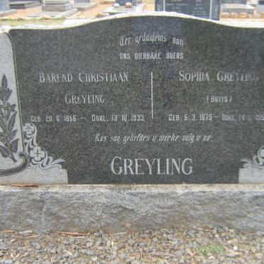 GREYLING Barend Christiaan 1856-1933 &amp; Sophia BRITS 1875-1953