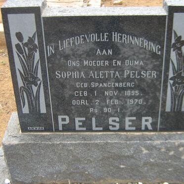 PELSER Sophia Aletta nee SPANGENBERG 1895-1970