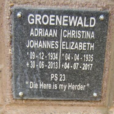 GROENEWALD Adriaan Johannes 1934-2013 &amp; Christina Elizabeth 1935-2017