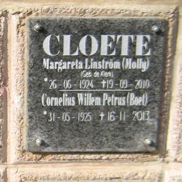 CLOETE Cornelius Willem Petrus1925-2013 &amp; Margareta Linström DE KLERK 1924-2010