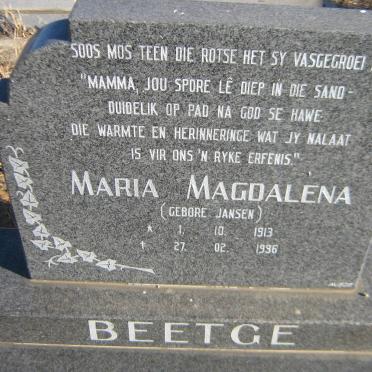 BEETGE Maria Magdalena nee JANSEN 1913-1996