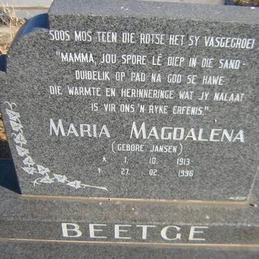 BEETGE Maria Magdalena nee JANSEN 1913-1996