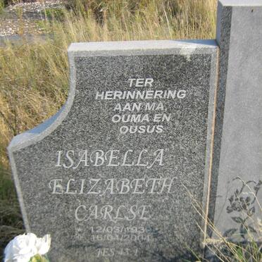 CARLSE Danie Malan 1934-1973 &amp; Isabella Elizabeth 1939-2004