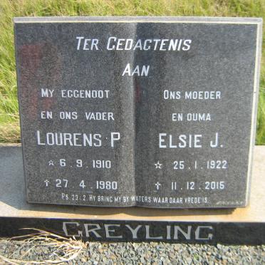 GREYLING Lourens P. 1910-1980 &amp; Elsie J. 1922-2015
