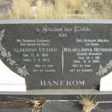 HANEKOM Albertus Petrus 1906-1973 &amp; Wilhelmina Hendrika MYBURGH 1911-1983