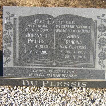 PLESSIS Johannes Paulus, du 1933-2001 &amp; Anna Francina PIETERSE 1938-1994