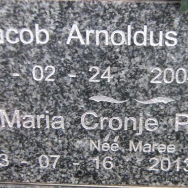 PIENAAR Jacob Arnoldus 1919-2004 &amp; Maria Cronje MAREE 1923-2013