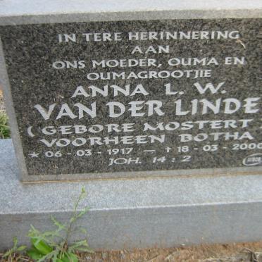 LINDE Anna L.W., van der formerly BOTHA nee MOSTERT 1917-2000