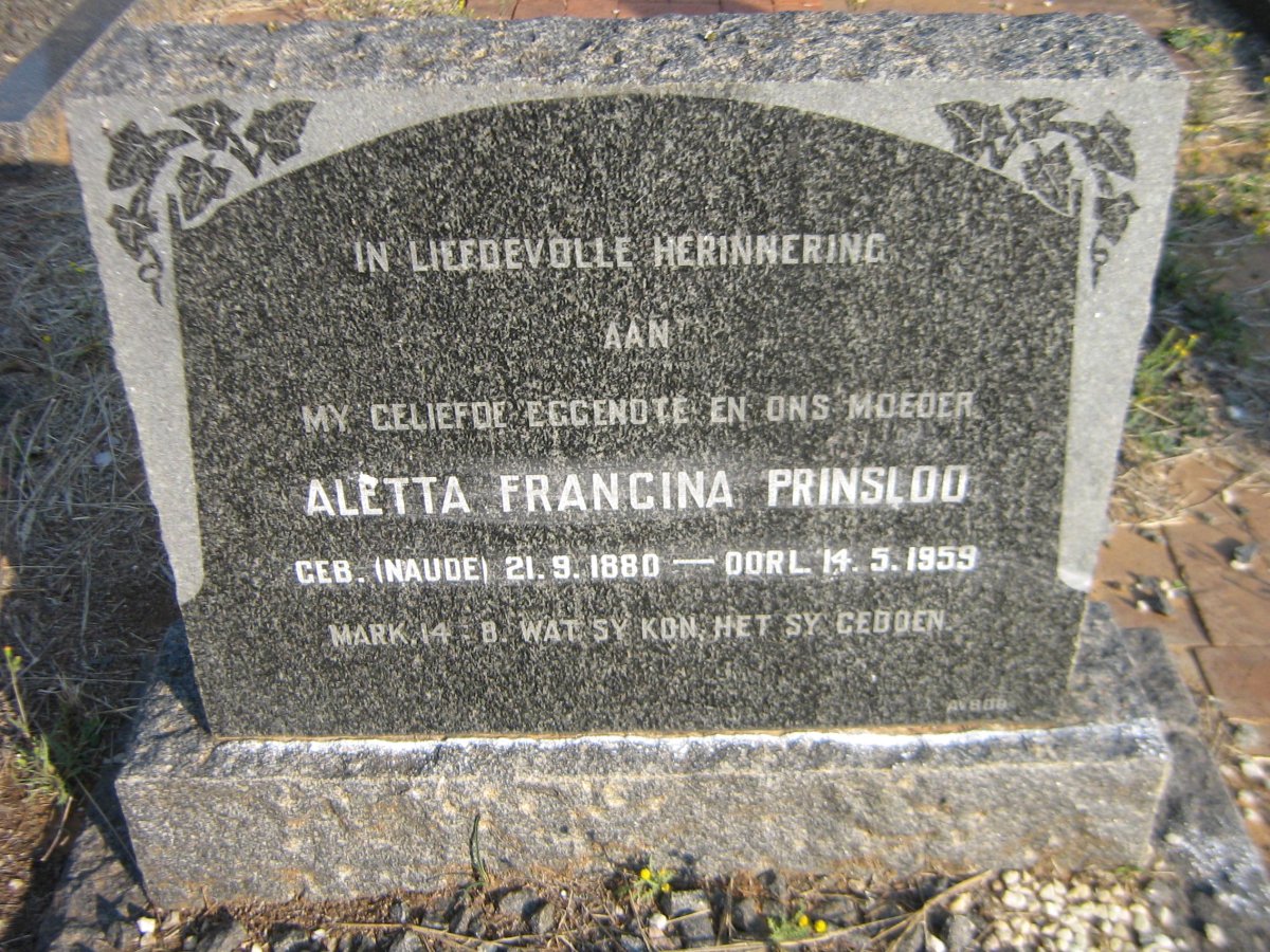 PRINSLOO Aletta Francina nee NAUDE 1880-1959