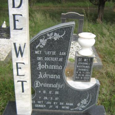 WET Johannes Marthinus, de 1959-2005 :: DE WET Johanna Adriana 1986-1987