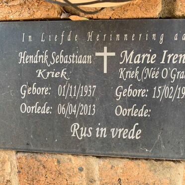 KRIEK Hendrik Sebastiaan 1937-2013 &amp; Marie Irene O'GRADY 1941-