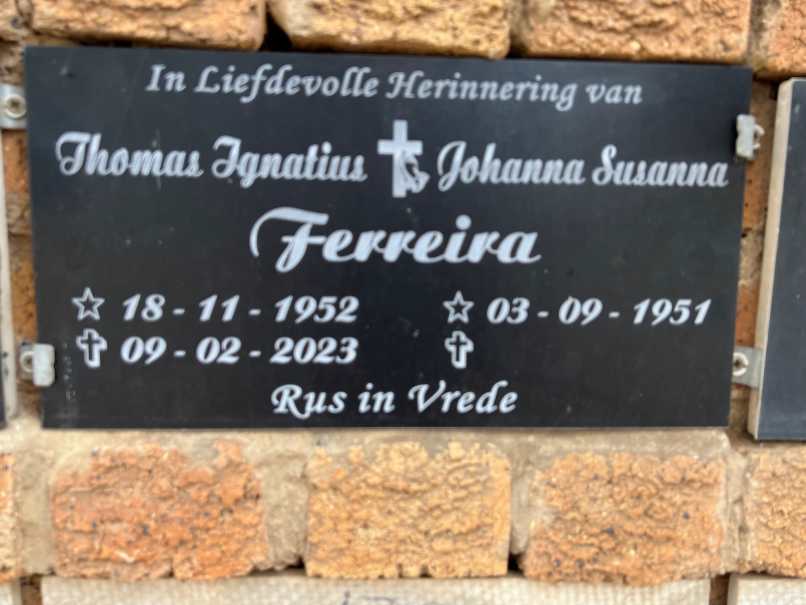 FERREIRA Thomas Ignatius 1952-2023 & Johanna Susanna 1951-