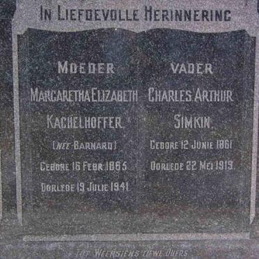 SIMKIN Charles Arthur 1861-1919 &amp; Margaretha Elizabeth Kachelhoffer nee BARNARD 1865-1941