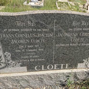 CLOETE Frans Cornelus Joachim Jacobus 1871-1949 &amp; Jacominna Christinna Van der MERWE 1879-