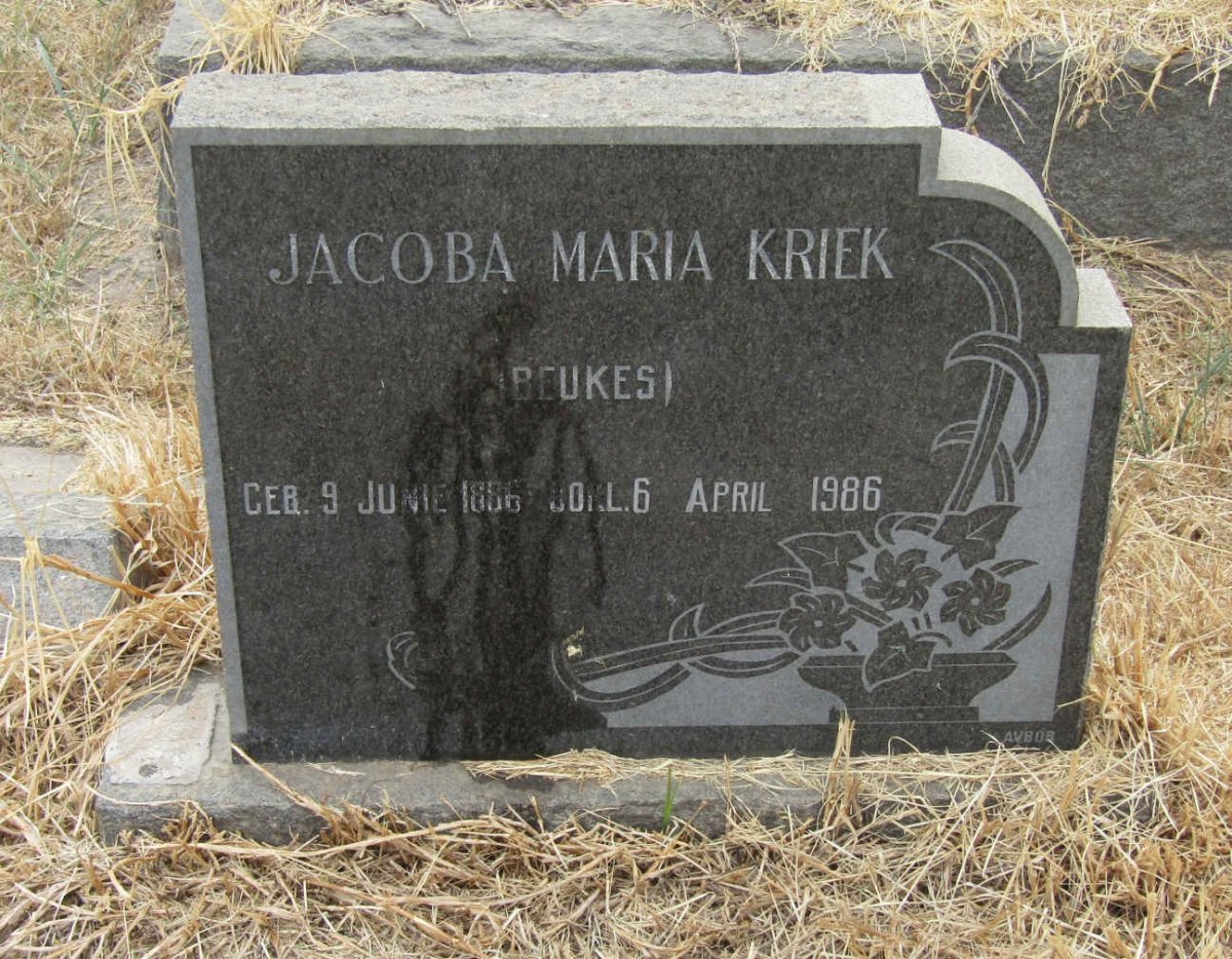 KRIEK Jacoba Maria nee BEUKES 1886-1986