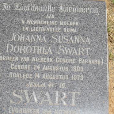 SWART Johanna Susanna Dorothea voorheen VAN NIEKERK nee BARNARD 1903-1979