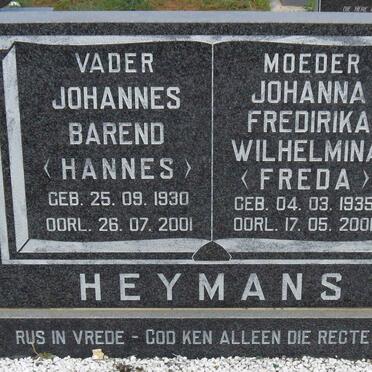 HEYMANS Johannes Barend 1930-2001 &amp; Johanna Fredirika Wilhelmina 1935-2001