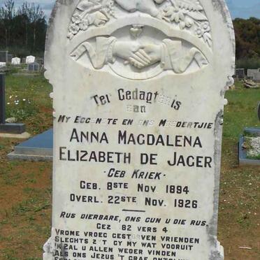 JAGER Anna Magdalena Elizabeth, de nee KRIEK 1894-1926