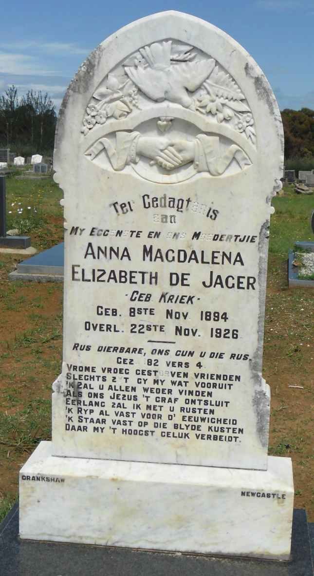 JAGER Anna Magdalena Elizabeth, de nee KRIEK 1894-1926